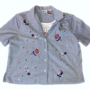 Pre-owned Women’s Koret Striped, Embroidered Button-Down Shirt (Size Petite M)